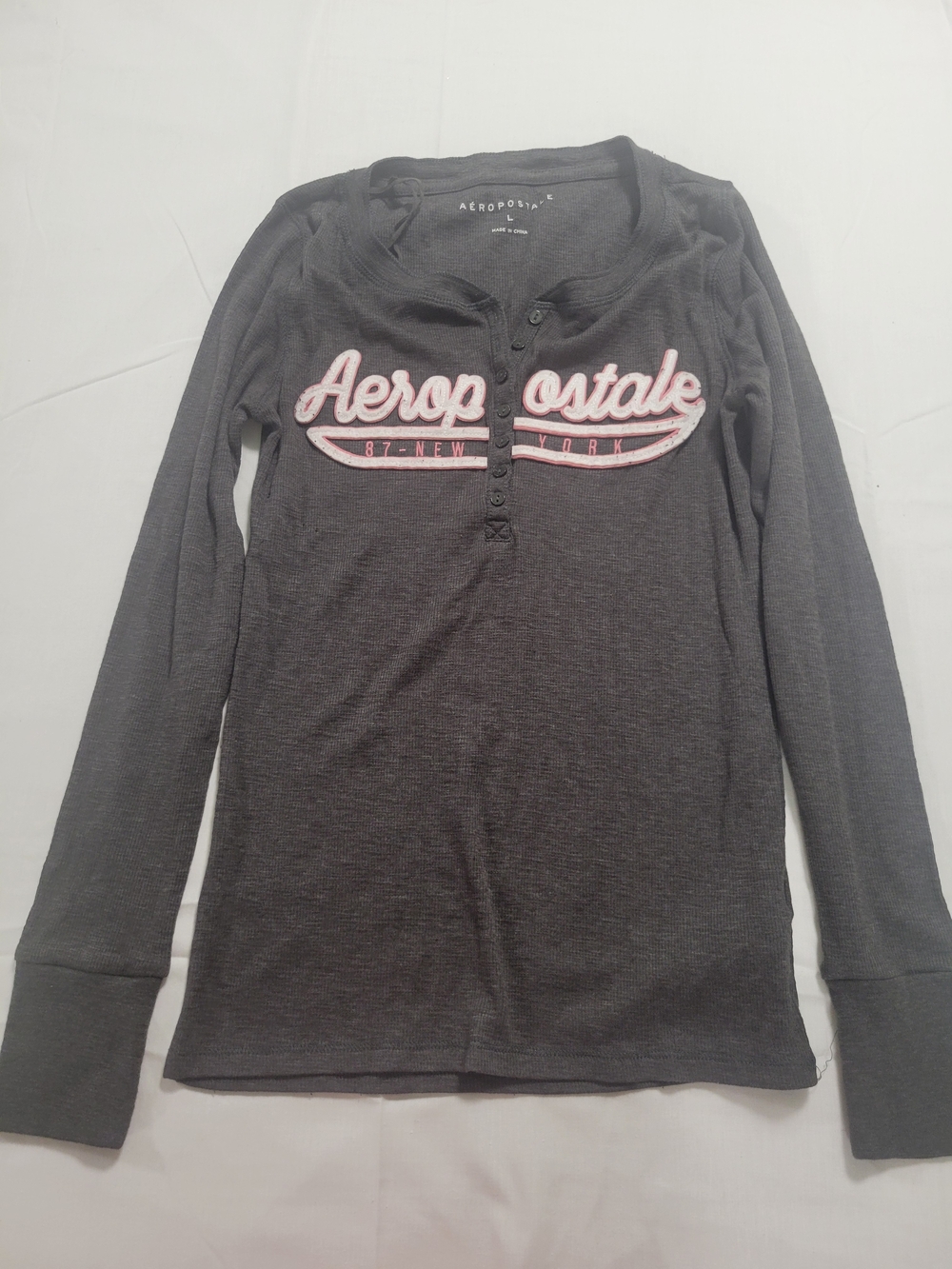 Aeropostale Women's Charcoal Long-Sleeve Henley Top with Pink Logo